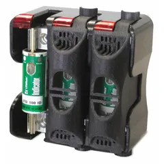This indicating fuse block cover is designed for T class fuses rated 101 A to 200 A at 600 V AC. It provides visual indication of fuse status, allowing maintenance personnel to quickly identify blown fuses in industrial electrical panels. Compatible with the LT60200 fuse series.