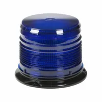 Blue LED round beacon with pipe mount, 4 7/8 in overall height and 6 3/8 in overall width. Operates on 12 to 24V DC with 26 selectable flash patterns. Features blunt cut wires for electrical connection and carries an SAE Class 3 lighting rating. Suitable for warning applications on service vehicles, tow trucks, and construction equipment