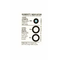 Blotter paper indicator impregnated with cobaltous chloride, featuring three color-change dots that respond at 5%, 10%, and 60% relative humidity. Used to monitor moisture levels inside sealed enclosures, packaging, or storage containers. Each pack contains 125 indicators, each 3 inches long