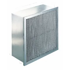 MERV 13 rigid cell air filter with polyester media and galvanized steel frame or header. Measures 24 x 24 x 12 inches. No gasket. Suitable for commercial and industrial HVAC systems requiring high-efficiency filtration.