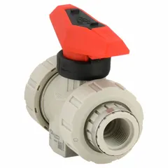 This two-piece polypropylene ball valve features a straight body with FNPT x FNPT connections and a lever handle for manual operation. It is used to start, stop, or redirect flow in polypropylene piping systems, suitable for industrial fluid handling, chemical processing, and water treatment applications.