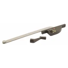 This right-hand crank window operator is designed for casement windows, featuring a bronze painted finish and a 4-3/4 in base length. It includes a handle and mounts directly on the window frame. Suitable for opening and closing casement windows in residential or commercial buildings.