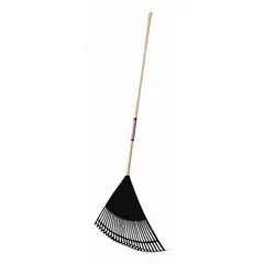 This standard leaf rake features a polypropylene head and a 47 1/4-inch wood handle. Designed for gathering leaves and light yard debris, it is suitable for residential lawn maintenance and garden cleanup tasks.