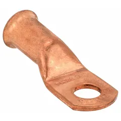 This crimpable side terminal lug is made of copper and accepts 2 gauge wire. It features a straight shape with a 5/16 inch stud size for bolted connections. The lug supports both crimp and solder termination methods. Suitable for terminating cables in electrical panels, switchgear, and battery connections.