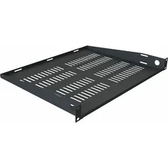 This 1U vented shelf is constructed from steel with a black finish. It has an overall depth of 14 7/8 inches and height of 1 3/4 inches. The vented design promotes airflow, making it suitable for supporting equipment in rack enclosures where heat dissipation is a consideration.