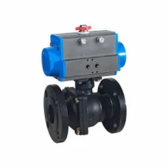 This pneumatically-actuated two-way ball valve is constructed from carbon steel with flange x flange connections. It is operated by a 24V DC pilot solenoid, making it suitable for automated on/off flow control in industrial piping systems.