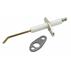 Flame sensor for gas-fired heating equipment. Detects flame presence and sends signal to control board to maintain gas valve open during burner operation. Used as a replacement part in HVACR heaters and heat exchangers.