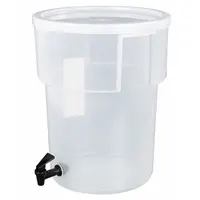 This CARLISLE dispenser is a clear, round, polypropylene unit with a single dispenser. It has an overall height of 15 1/2 inches. Suitable for serving beverages in commercial foodservice settings such as cafeterias and catering events