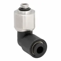 This push-to-connect elbow fitting is made of nylon and nickel-plated brass, designed for 5 mm pipe to 4 mm OD tube connections. It is used in pneumatic and fluid-power systems for industrial automation, packaging, and material handling applications requiring compact, leak-free connections