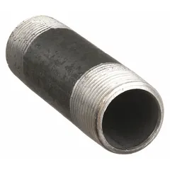 Schedule 40 welded steel pipe nipple with 2-1/2 in nominal pipe size, 3-1/2 in length, and male NPT threads on both ends. Rated for 300 psi maximum operating pressure at 150°F. Suitable for low-pressure water, air, and gas piping systems in industrial, commercial, and HVAC applications. Made in USA.