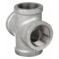 This medium-pressure threaded pipe cross is made of malleable iron and features a 1 in x 1 in x 1 in x 1 in configuration. Rated for a maximum operating pressure of 300 psi at 150°F, it is used to create a four-way branch connection in industrial piping systems for water, steam, gas, or air lines