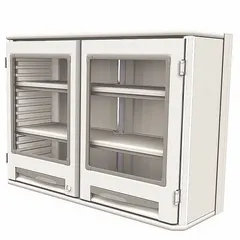 This METRO wall-mount medical cabinet is constructed of antimicrobial plastic for use in healthcare settings. It features two doors with a keyed lock and two adjustable shelves for organized storage of supplies or instruments.