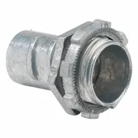 Zinc alloy straight connector for terminating 1/2 in flexible metal conduit (FMC) into a junction box. Snap-in style enables tool-free installation. Non-insulated type for general purpose grounding applications. UL Listed
