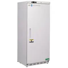 This upright lab refrigerator provides 20 cu ft of storage capacity with a temperature range of 1°C to 10°C. It features a white swing solid door that opens to the right, a temperature alarm, and uses R-600a refrigerant. Suitable for general purpose storage of temperature-sensitive materials in laboratory environments.