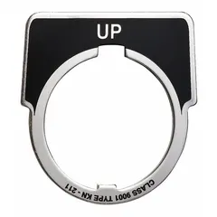 Half-round legend plate for 30 mm panel-mounted push-button stations. Overall height 1 3/4 in, overall width 1 5/8 in. Black finish with silver notch and English 'Up' legend. Used to label operator controls in industrial control panels.