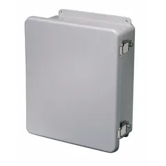 This WIEGMANN fiberglass enclosure is designed for indoor use to house electrical controls, terminals, and instruments. It measures 9 x 7 x 4 inches, is rated NEMA 1, and features a solid hinged cover secured by a padlock hasp. Knockouts are not included.