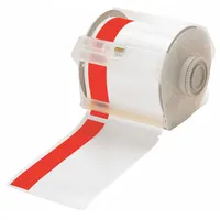 Vinyl continuous label roll, 4 in x 100 ft, red gloss/white gloss finish for outdoor use. Compatible with GlobalMark printer series. Used for pipe marking, safety signage, and equipment labeling in industrial environments