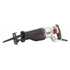 This corded reciprocating saw features a 7.5 A motor and 1-1/8 in stroke length for cutting wood, metal, and plastic. The straight design with adjustable shoe allows depth control. Weighs 7 lb, suitable for demolition, remodeling, and construction tasks.
