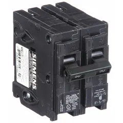 Two-pole miniature circuit breaker rated 50 A at 120/240V AC, Std type. Provides overcurrent protection for branch circuits in residential and light commercial electrical distribution systems. Plug-in design for use with Siemens EQ Load Centers.