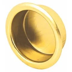 This round recessed handle and pull is designed for tray applications in cabinets, drawers, panels, or furniture. It features a snap-in mounting type that requires no additional hardware. Made of brass with a polished brass finish in gold, each pack contains 4 pieces.
