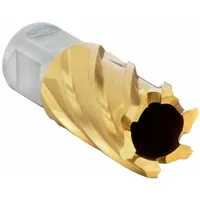 High-speed steel annular cutter with TiN coating for general cutting applications. Features a 32 mm cutter diameter and 1 in maximum cutting depth. Equipped with a Weldon Flat shank. Used with magnetic drill presses for creating holes in metal workpieces