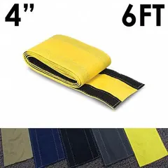 This fabric cable floor cover is made of nylon and uses a hook-and-loop closure for easy installation and removal. It measures 4 inches wide by 6 feet long and is yellow. Suitable for managing and protecting cables on floors in industrial environments, helping to reduce tripping hazards and cable damage.