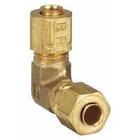 Brass compression fitting elbow with self-aligning design for connecting 1/8 in OD tubing in fluid systems. Suitable for pneumatic, hydraulic, and instrumentation applications. Supplied in a 10-pack