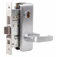 Chrome-finished office lever lockset with ADA-compliant lever operation and interchangeable core. Features a 40H Escutcheon and F12 function for commercial interior doors. Satin chromium-plated stainless steel finish. Suitable for applications requiring key control and accessibility