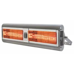 This SOLAIRA infrared radiant heater is designed for suspended wall mounting in indoor or outdoor commercial and industrial spaces. It features a quartz lamp element and a silver aluminum housing, with selectable wattage output of 3000W or 4000W. The unit operates on 208/240V AC, single phase, and requires hardwiring. Overall dimensions are 31 in x 10 in x 6 in.
