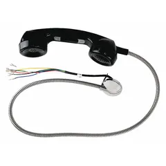 This handset assembly is constructed of black plastic and includes an armored cord for added protection. It is designed for use with industrial telephones in demanding environments such as manufacturing plants and refineries.