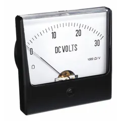 This moving-coil analog panel meter measures DC voltage from 0 V DC to 30 V DC with an accuracy of +/-1.5%. It provides a direct analog readout for monitoring DC voltage levels in control panels, power supplies, and battery monitoring systems.