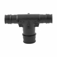 This UPONOR expansion polymer barbed tube fitting features a tee configuration with four barbed connections: two 3/4 in ID and one 1/2 in ID. It is designed for use with PEX tubing and employs the expansion connection method. Typical applications include branching or splitting tubing in hydronic heating, radiant floor, and potable water systems