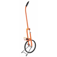 Mechanical outdoor measuring wheel with a 99,999 m range. Features a spoked single wheel with rubber tread and a steel frame with adjustable handle. Foldable design for storage. No batteries required; measures in metric units.