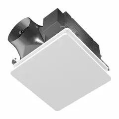 This ceiling-mounted exhaust fan operates at 120V AC and offers three speeds with maximum airflow ratings of 50, 80, and 110 cfm, and corresponding sound levels of 0.5, 0.4, and 0.6 sones. It features a round duct connection and is designed for removing moisture, odors, and airborne contaminants from residential bathrooms. This model does not include a heater.