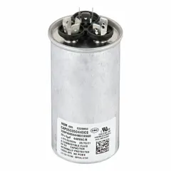 Dual run capacitor for HVAC compressor and fan motor start/run applications. Designed for use with Goodman GSX140251 model. Supports motor operation in residential and light commercial air conditioning units.