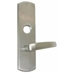 This VON DUPRIN mechanical exit device trim is a silver lever-type outside trim designed for use with exit push bars. It is ADA compliant and intended for right-hand reverse doors. Commonly applied in commercial buildings where code-compliant egress is required.