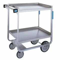 Open stainless steel utility cart with two shelves and a 34-1/2 in overall height. Equipped with two fixed casters for stable transport. NSF Certified for use in food service, hospitality, and institutional environments.