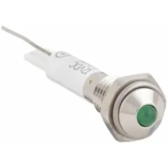 LED indicator pilot light with green raised head and M06 size. Panel mounting hole diameter 6 mm. Electrical connection via lead for soldering. Used on industrial control panels and machinery to indicate operational status.