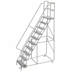This assembled aluminum manual-lock ladder features a gray perforated design and includes handrails. The manual-lock mechanism secures the ladder in place during use. Typical applications include elevated access in warehouses, stockrooms, and industrial facilities for reaching high shelving or equipment.