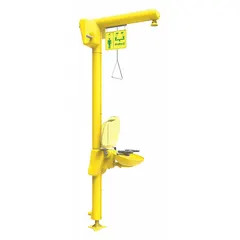 This floor-mount shower with eyewash is designed for emergency decontamination in hazardous locations where freezing temperatures may occur. It features a covered plastic bowl, galvanized steel pipe, and barrier-free design. The unit operates on 120 V AC with a hardwired electrical connection and includes heat-trace for freeze resistance.
