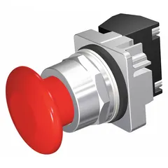 Momentary-action push button with a non-metallic mushroom head profile, 30 mm diameter, and pressure plate terminal connection. Part of the Class 52 series. Suitable for industrial control panel applications requiring a large, easy-to-actuate momentary switch.
