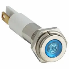 This LED indicator pilot light features a blue flush head with an H08 profile. It mounts flush in a 5/16 in panel hole and connects via a 0.11 Male Quick Disconnect terminal. Used in industrial control panels and machinery to provide a visual status signal.