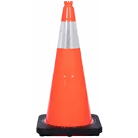 This 28-inch orange traffic cone is made of PVC with high-intensity prismatic reflective sheeting. It includes a black base and a grip top, with a blank legend. Suitable for roadway work zones, traffic control, and hazard marking