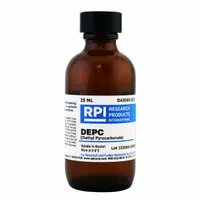 RPI DEPC (Diethyl Pyrocarbonate) is a lab-grade liquid protease inhibitor supplied in a 25 mL glass container. Used in molecular biology to inactivate RNases and maintain nuclease-free conditions during RNA extraction, handling, and enzyme assays