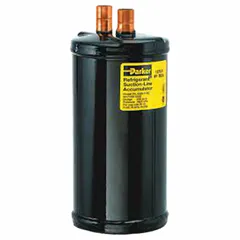 Steel-shell suction line accumulator with copper sweat connections and a metering orifice. Designed to collect excess liquid refrigerant and prevent slugging in HVAC and refrigeration systems. Height 10.62 in, diameter 4 in, capacity 70 lb.
