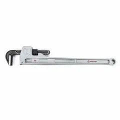 This 36-inch aluminum straight pipe wrench has a 5-inch jaw capacity and serrated, ergonomic jaws. It is used for gripping and turning pipes, fittings, and round stock in plumbing, mechanical, and industrial applications.
