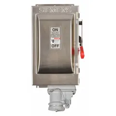 Siemens HF362SCH is a 60 A, three-phase, 600V AC fusible safety switch with a 304 stainless steel enclosure for indoor/outdoor use. Compatible with Crouse-Hinds Arktite plug series. Used for isolating electrical circuits in industrial and commercial environments, including washdown areas and corrosive locations.