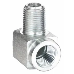 Steel hydraulic hose adapter with 3/8 in NPTF male and female threads, configured as a rigid 90° elbow. Designed for connecting hydraulic components in fluid power systems, providing a leak-resistant joint in confined spaces.