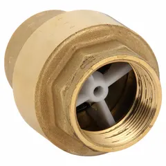 Brass inline disc check valve with 1 1/2 in FNPT female NPT connections. Prevents backflow in piping systems, allowing flow in one direction and closing automatically upon reverse flow. Suitable for water, oil, and gas applications in industrial fluid handling.
