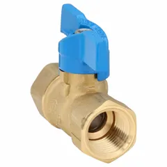 This brass ball valve features a straight body with 1/2-inch female iron pipe (FIP) threaded connections on both ends. It has a standard port ball port and a locking tee handle for secure shut-off. Commonly used in plumbing, HVAC, and irrigation systems for on/off control of water flow.